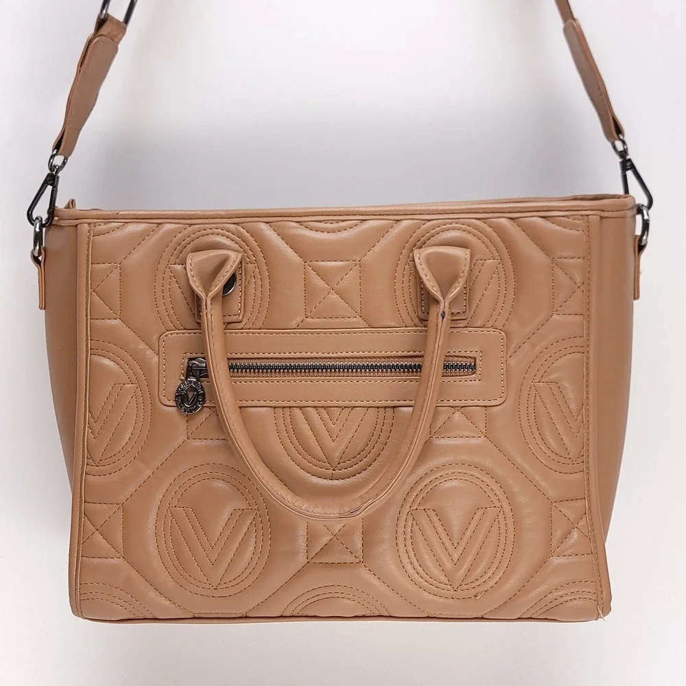 Valentino Orlandi Tan Brown Quilted Logo Satchel Crossbody Handbag Bag